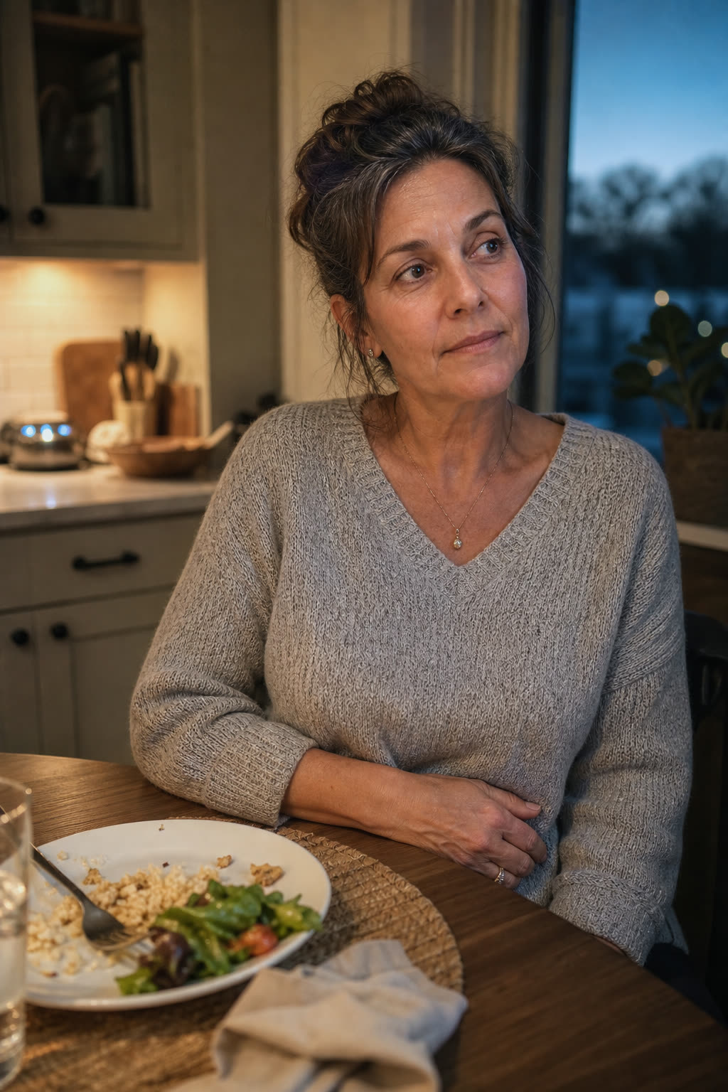 A woman reflecting after an evening meal as nighttime approaches